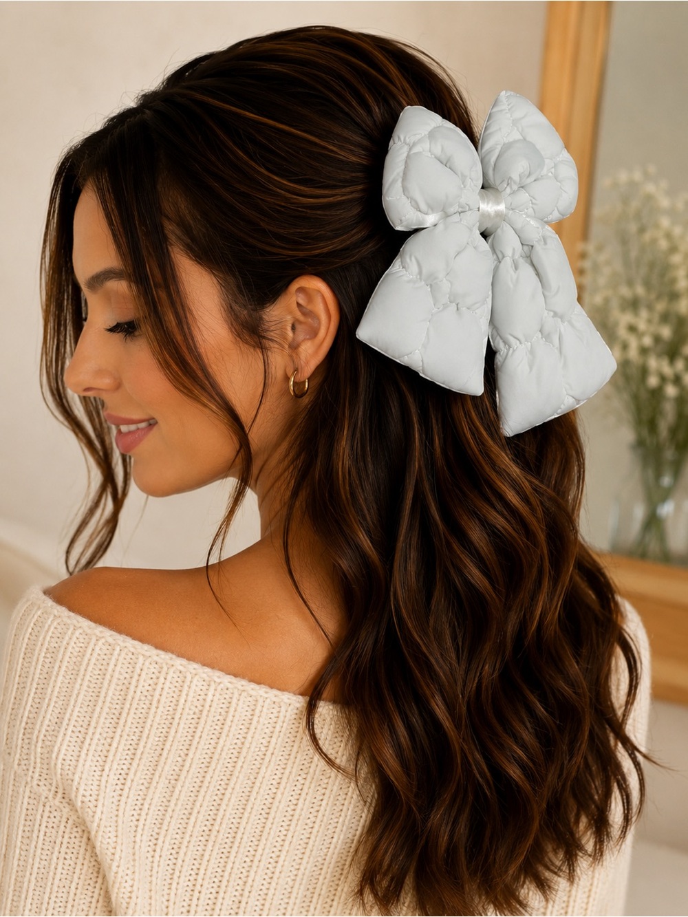 Goody Luxe White Puffer Bow Barrette Stay-Tight Hair Clip NWT